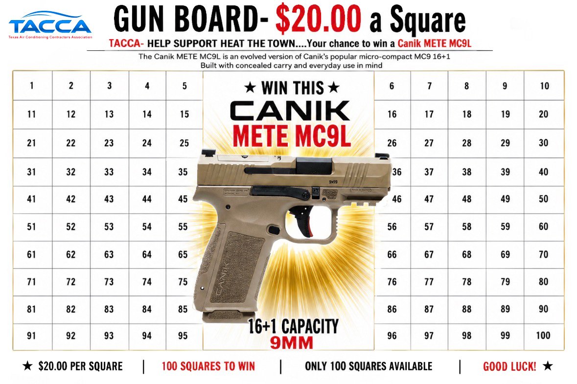 Gun Board — Canik METE MC9L 9MM, 100 squares at $20 per square